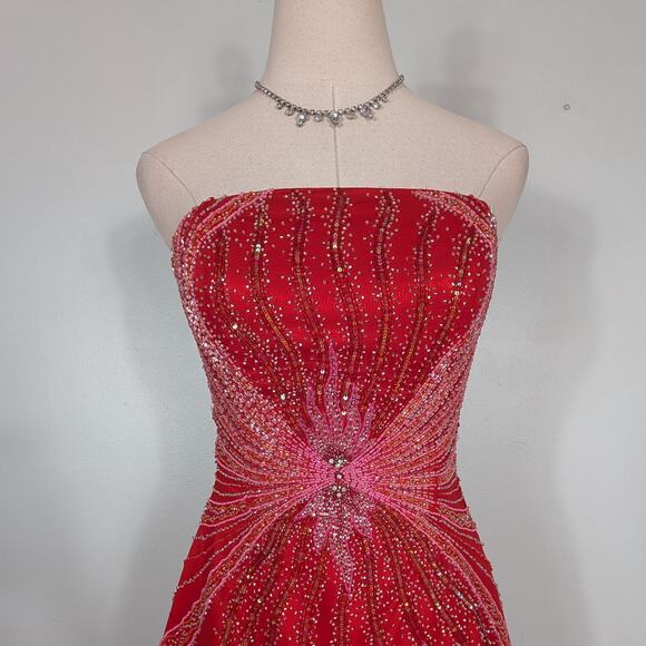 Alyce Prom Dress Maxi Gown XS Red Silk Princess Glam Strapless Y2K Bead Pink - Picture 5 of 16